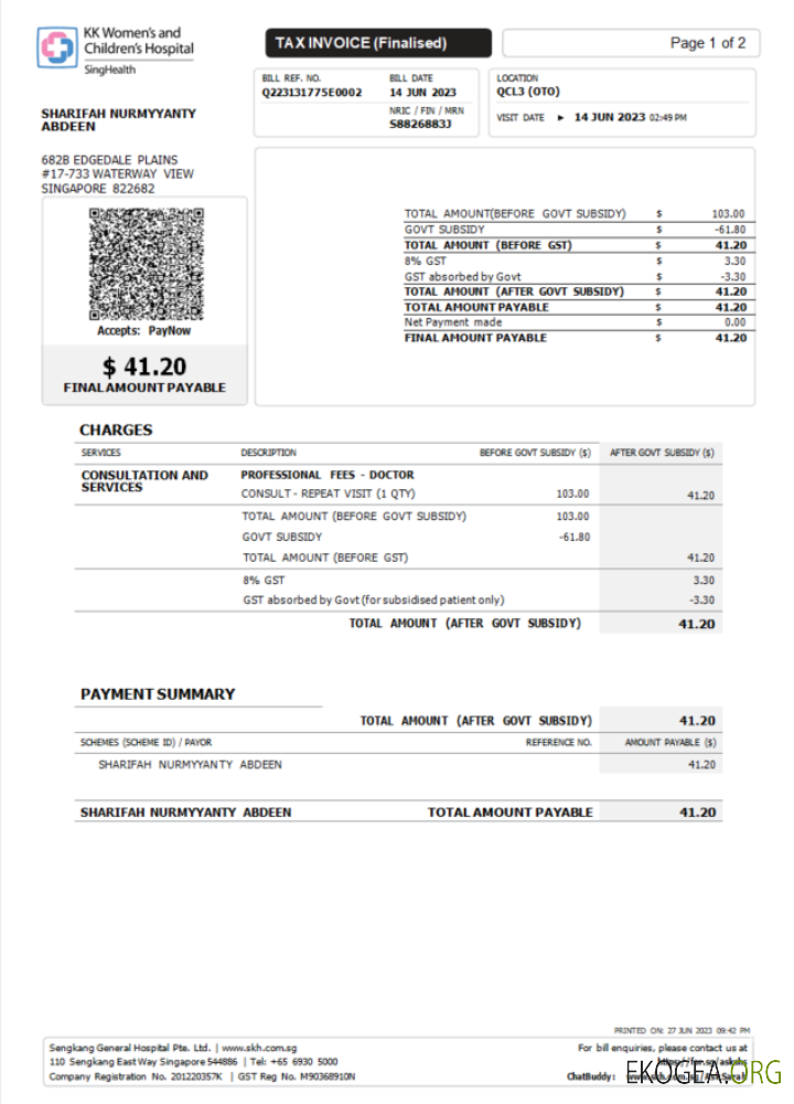 Modèle Word et PDF de facture fiscale de l'hôpital KK de Singapour